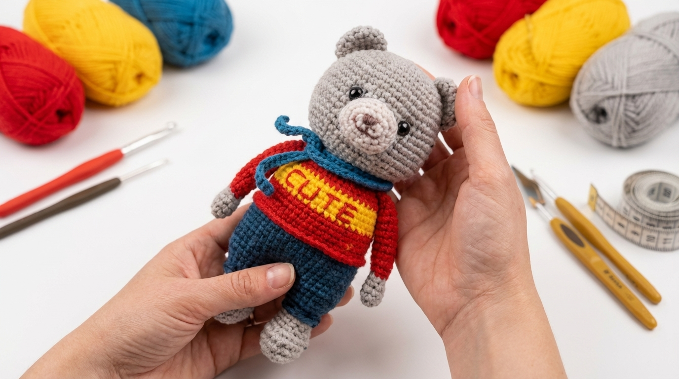 Oso teddy amigurumi en color marrón claro y beige, muñeco de ganchillo ideal para regalo artesanal tierno en habitación infantil