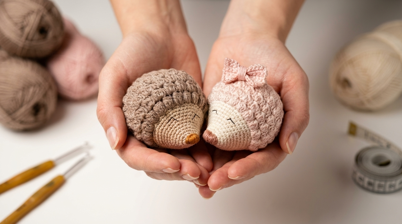 ouriço amigurumi receita gratis passo a passo, peça artesanal de crochê com cabeça bege e corpo marrom texturizado com pontos pipoca para decoração fofa.