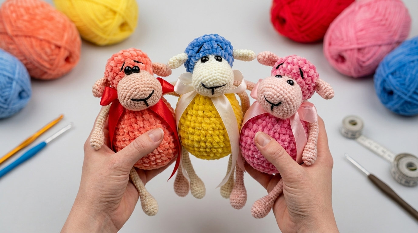 Ovejita amigurumi en color crema tejido con hilo de terciopelo suave, ideal para decoración infantil y regalos artesanales hechos a mano con técnica crochet paso a paso.