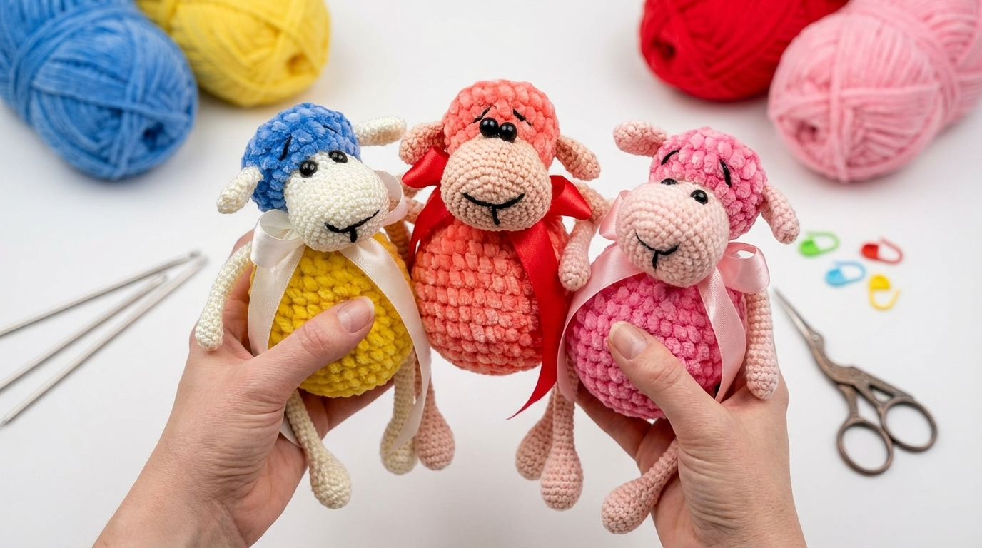 ovelha amigurumi receita gratis passo a passo, peça de crochê rosa em fio veludo para decoração de quartos infantis.