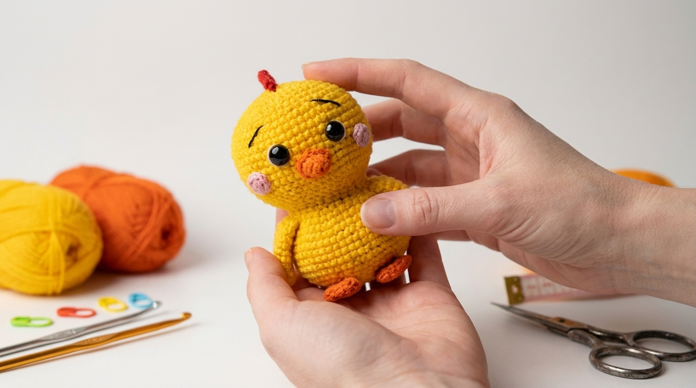 Kate Gallina amigurumi color amarillo con cresta roja para decoración infantil, pieza artesanal de ganchillo.