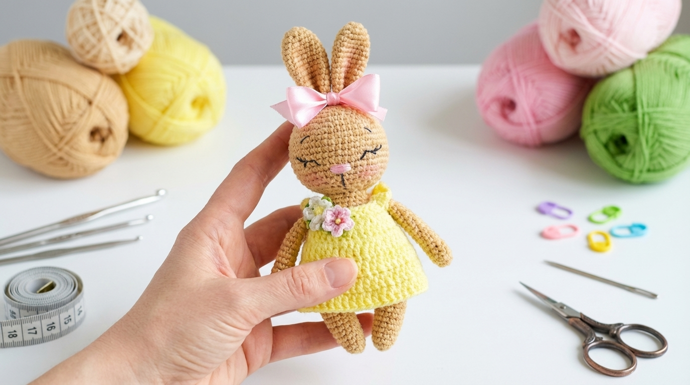 Ariana Coelho amigurumi en algodón beige con vestido rosa, en técnica crochet, ideal como regalo tierno de decoración.