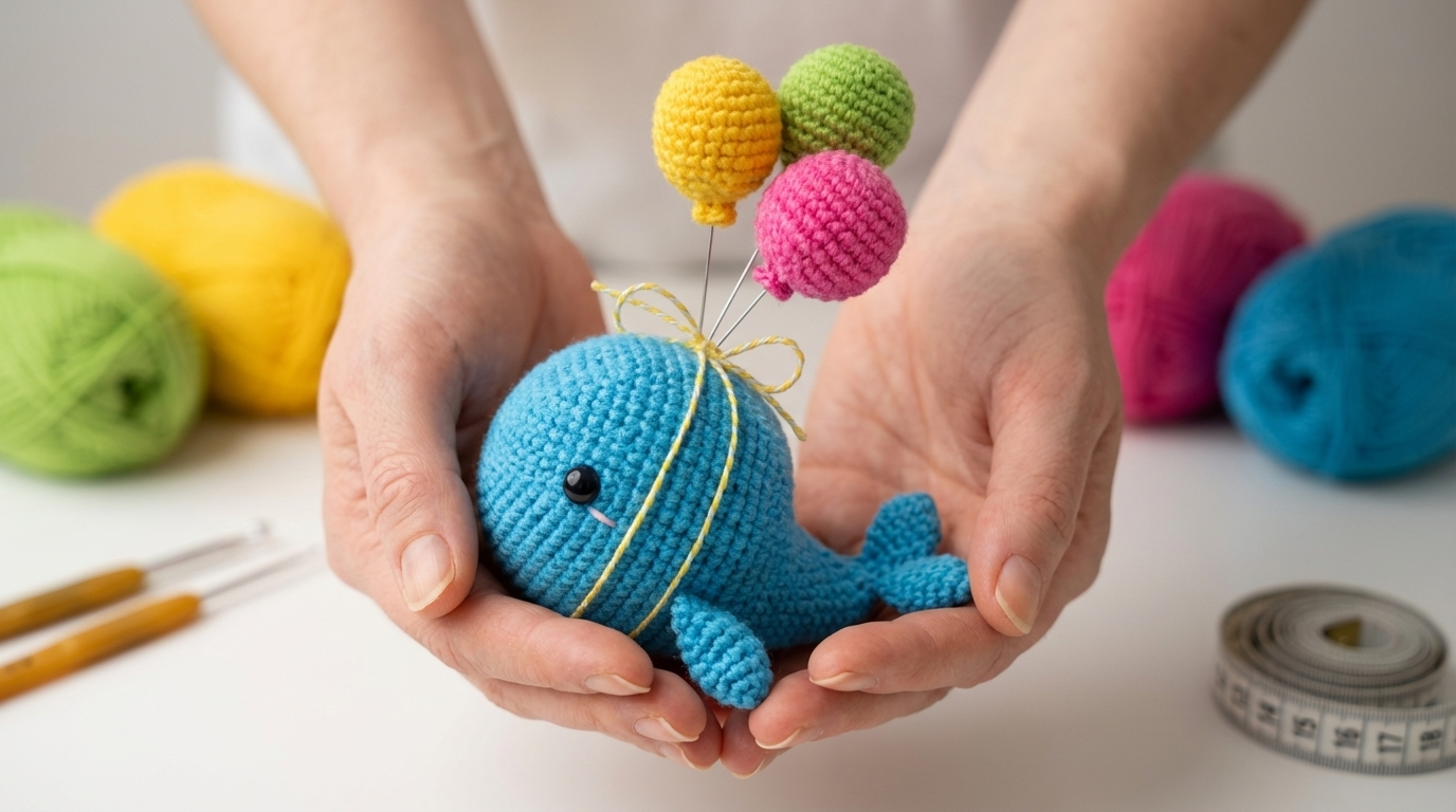 Ballena voladora amigurumi en algodón azul vibrante, pieza de ganchillo artesanal perfecta para decorar habitaciones infantiles.