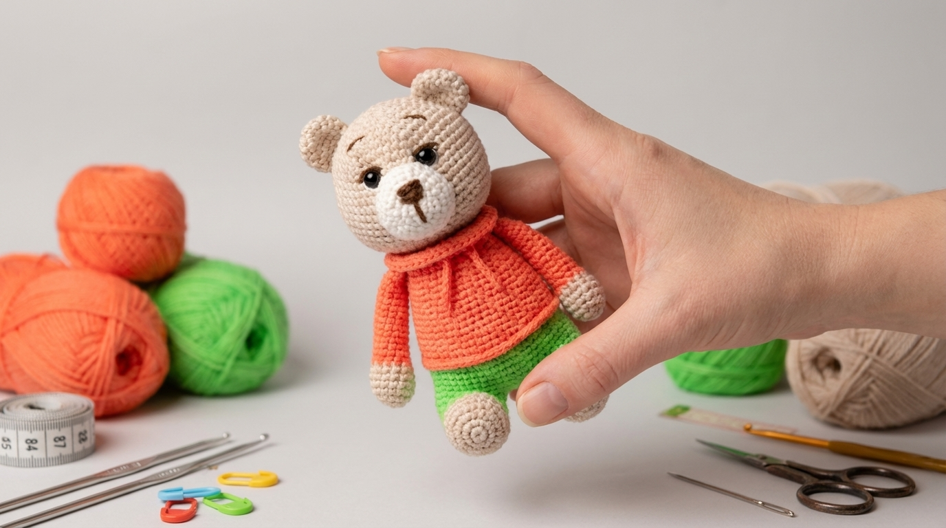 Patrón Benjamin Oso Amigurumi de hilo beige y coral tejido en crochet para decoración infantil o regalo especial hecho a mano