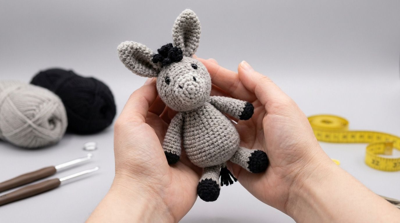 Burro Prestley amigurumi de algodón en tonos grises y blancos, pieza artesanal de ganchillo para decoración infantil.