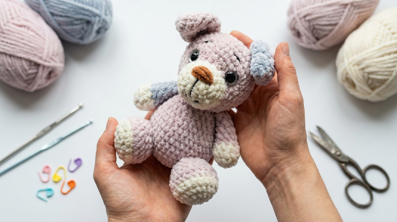 Patrón de Cachorrito Amigurumi tejido en suave hilo tipo chenille de color café, ideal para decoración infantil personalizada.