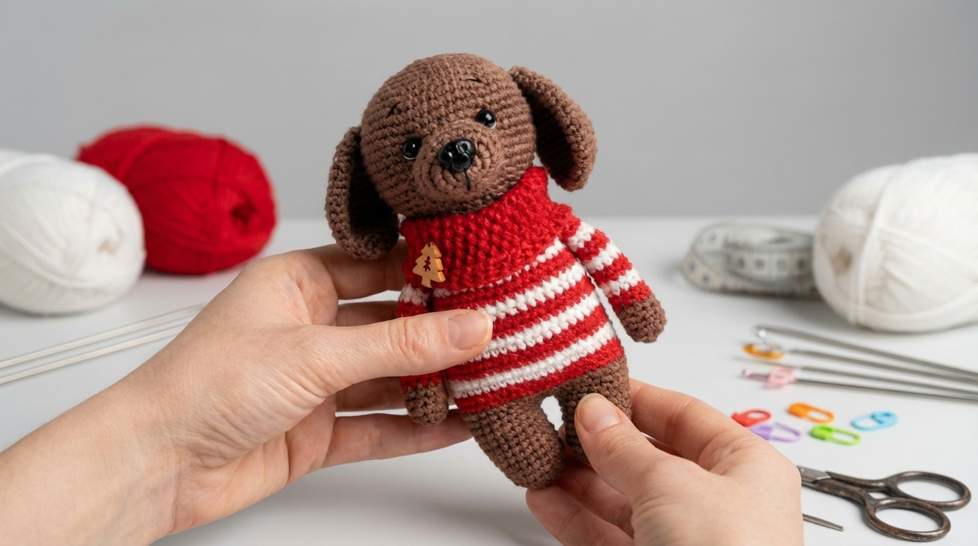 cachorro amigurumi marrón con suéter amarillo tejido en algodón, ideal para regalo artesanal hecho a mano único. Pieza decorativa terminada.