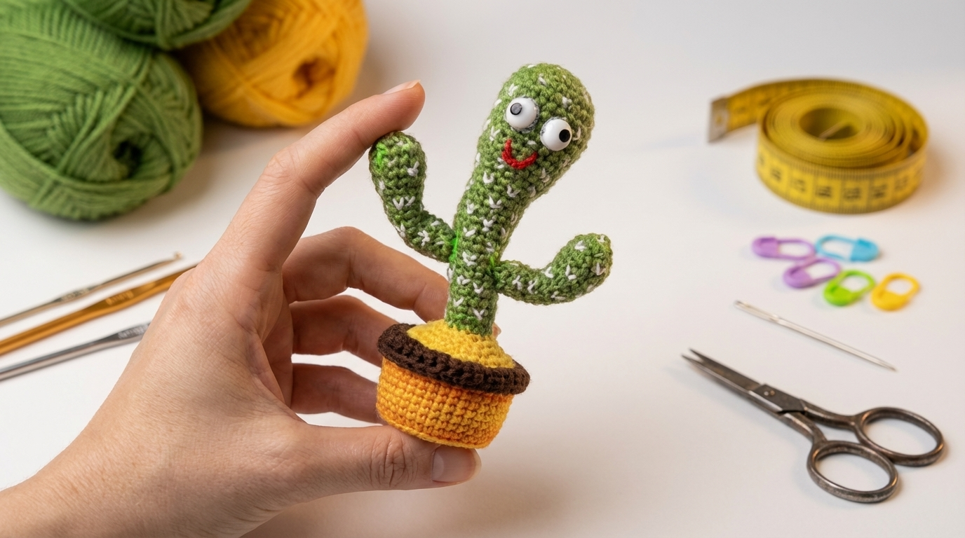 Cacto danzarín amigurumi en color verde con macetero terracota, diseñado para decoración creativa de interiores en crochet.