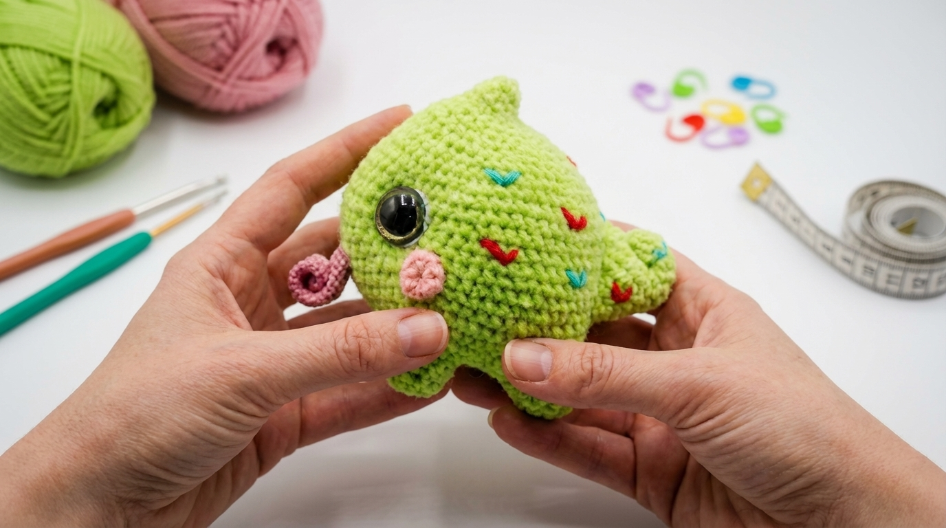 Patrón de camaleón amigurumi en suave hilo veludo verde para decorar habitaciones infantiles y proyectos creativos.