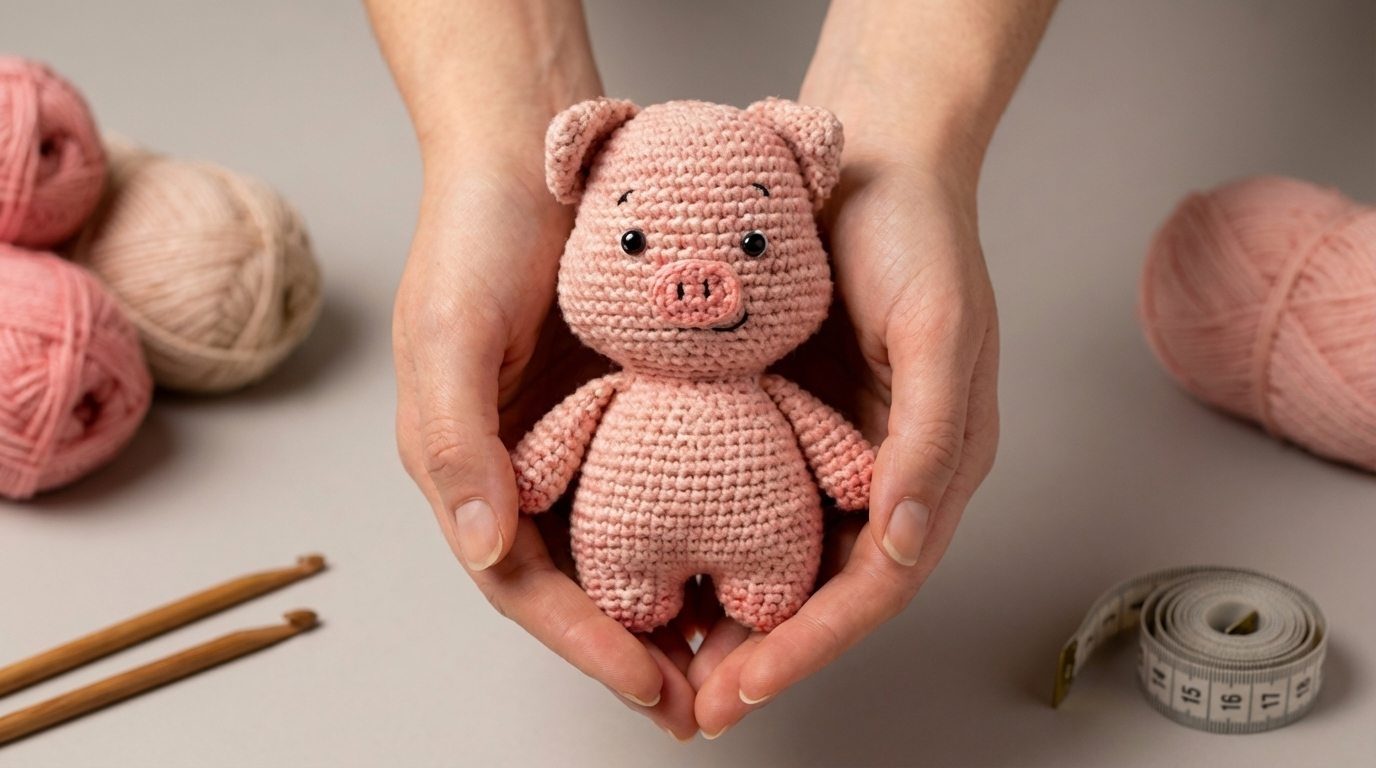 Patrón de cerdito amigurumi de color rosa tejido en algodón para decoración infantil o regalo artesanal hecho a mano.