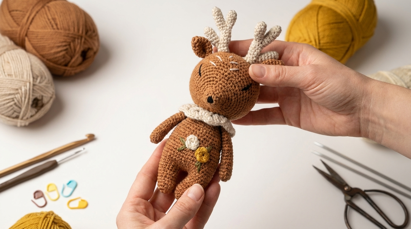 Cervo Melly amigurumi en algodón color avellana con detalles en café y gola gris en entorno decorativo artesanal de ganchillo.