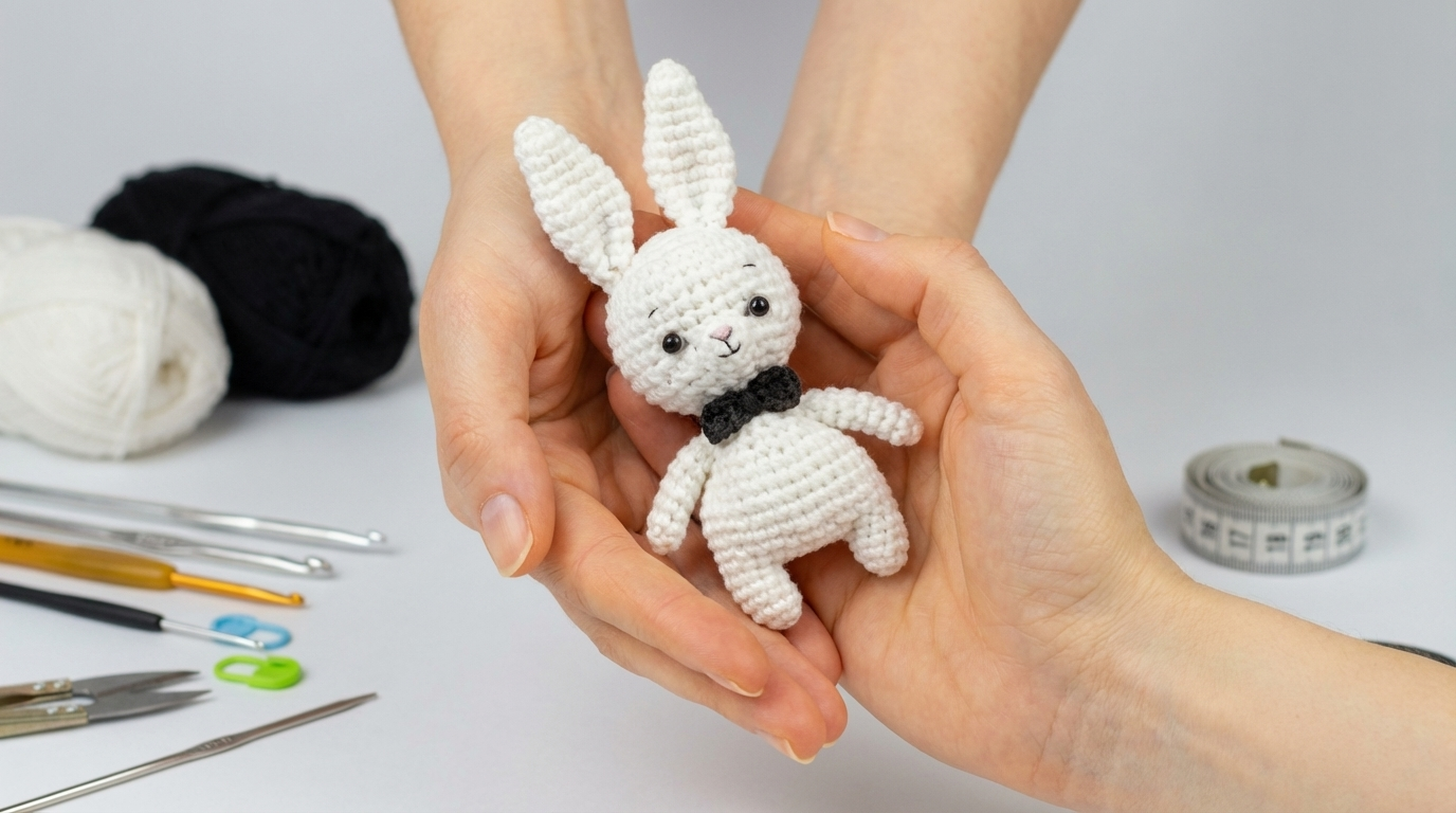 Eliza Coneja amigurumi de algodón en tonos suaves, pieza artesanal de ganchillo ideal para regalo o decoración de habitaciones infantiles.