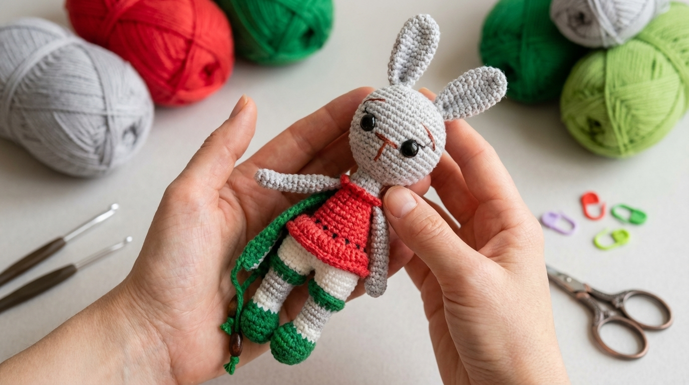 Conejito sandía amigurumi tejido en algodón de colores gris, rojo y verde, pieza perfecta para decoración de habitaciones infantiles.