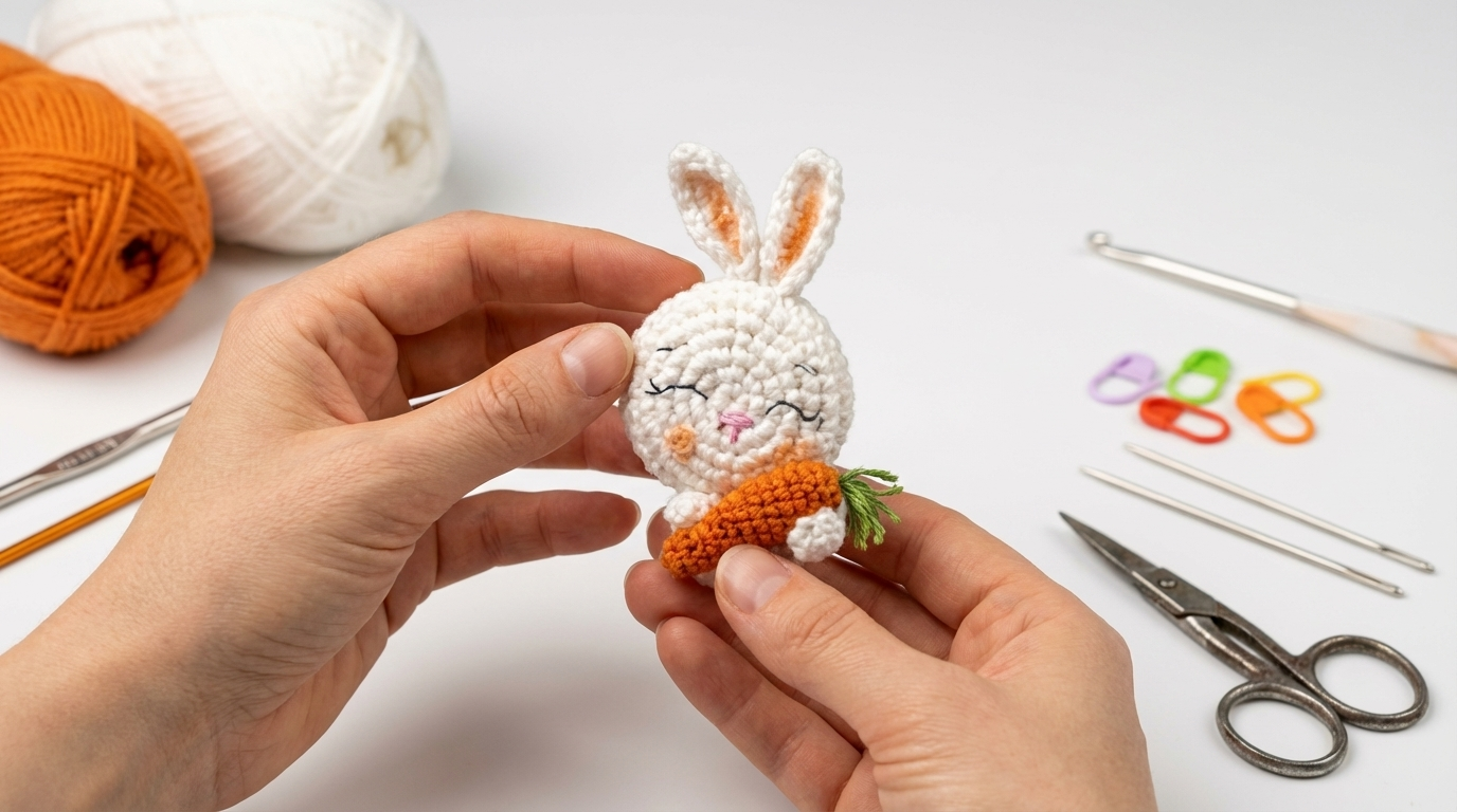 Patrón de conejo broche amigurumi en algodón de color neutro y detalle naranja, accesorio tejido para uso diario.