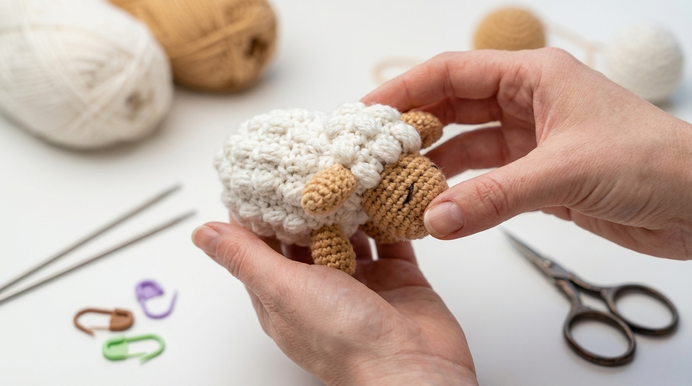 Corderito amigurumi, muñeco de ganchillo en color blanco con textura lanuda de punto pipoca, perfecto para regalo artesanal tierno.