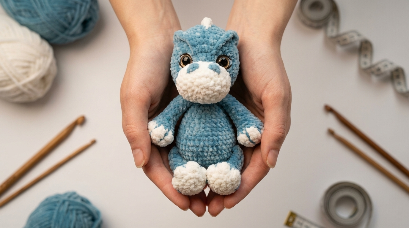 Dragon amigurumi de ganchillo en colores vibrantes, pieza artesanal de textura afelpada diseñada para decoración infantil y juegos.