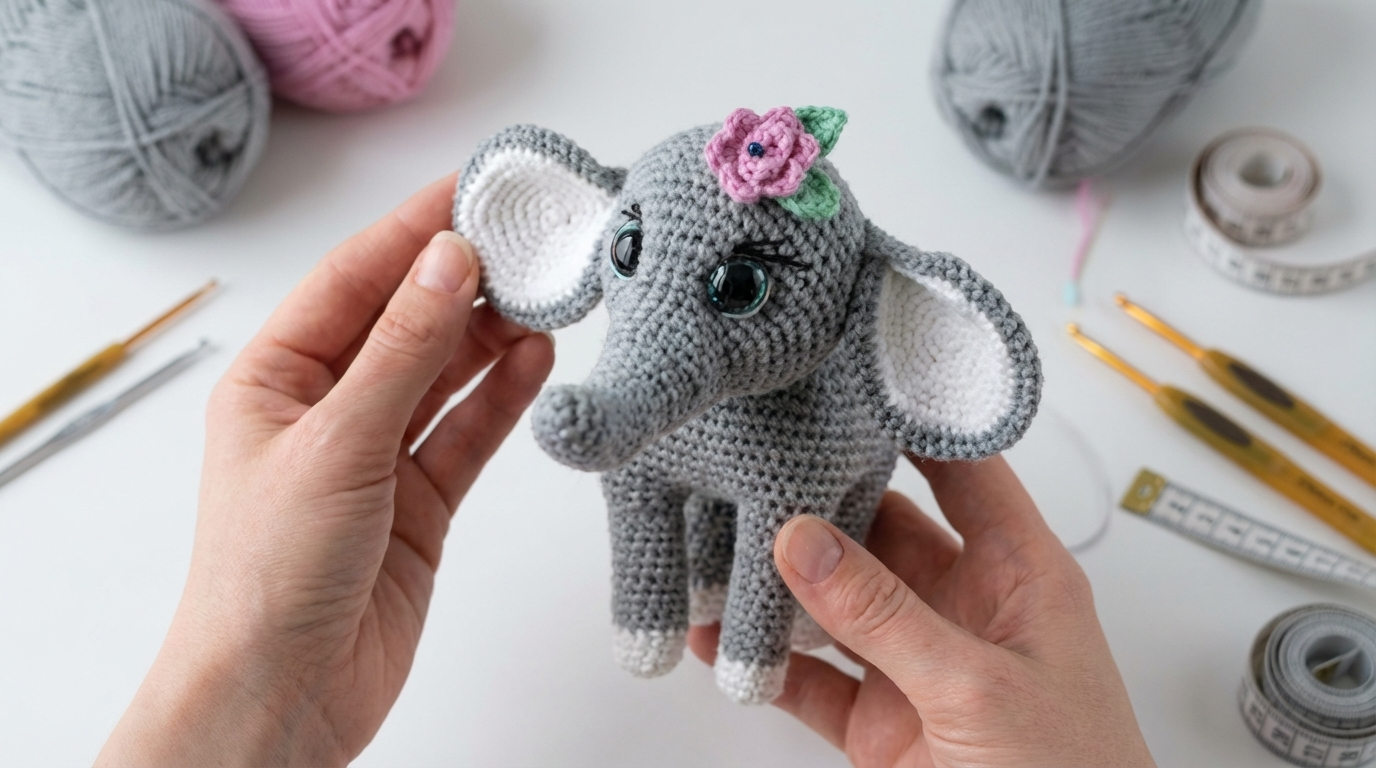 Patrón de elefante amigurumi en algodón azul intenso, exhibido sobre mesa de madera para decoración de habitación infantil.