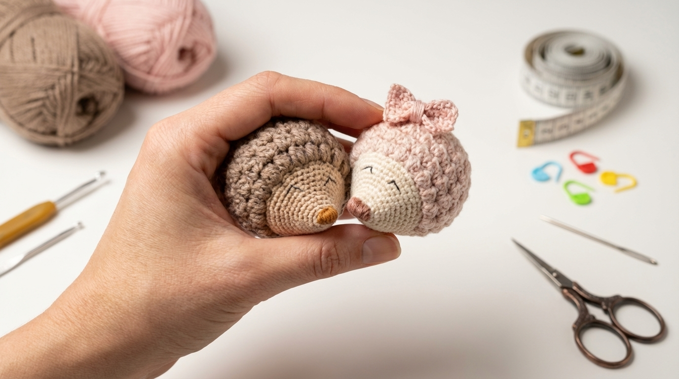 Erizo amigurumi, tierno muñeco en color beige y marrón con textura de algodón, ideal para regalo o decoración infantil tejida.
