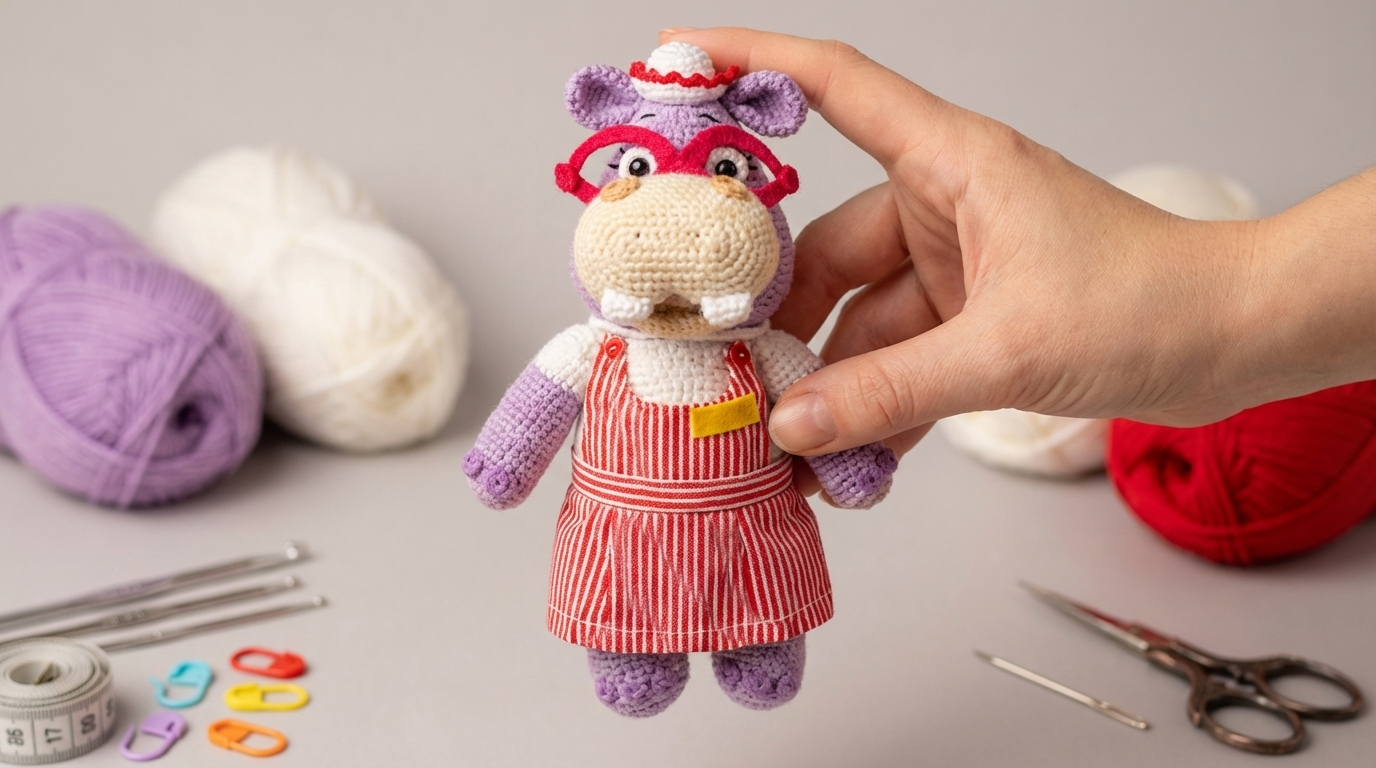 Hipopótamo Hallie Amigurumi tejido en algodón color lila y crema, terminación artesanal de ganchillo ideal para decoración de habitaciones infantiles o regalos únicos.