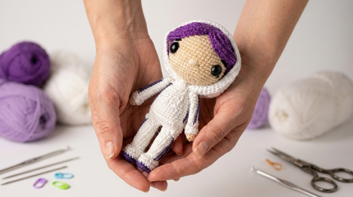 Jungkook Amigurumi, muñeco de ganchillo en colores piel, azul y blanco con textura de algodón perfecto para decoración de fans del k-pop.