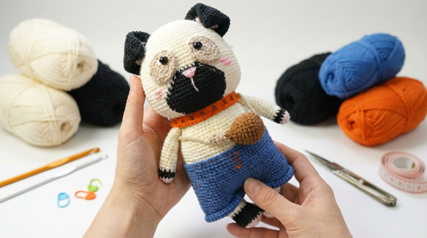 Kimora Cachorro Amigurumi de algodón en tonos crema y beige, figura tejida a mano con detalles decorativos para decoración infantil y regalos.
