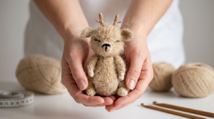 Llavero de ciervo amigurumi en tonos tierra y beige de algodón, perfecto detalle artesanal tejido a ganchillo hecho a mano.