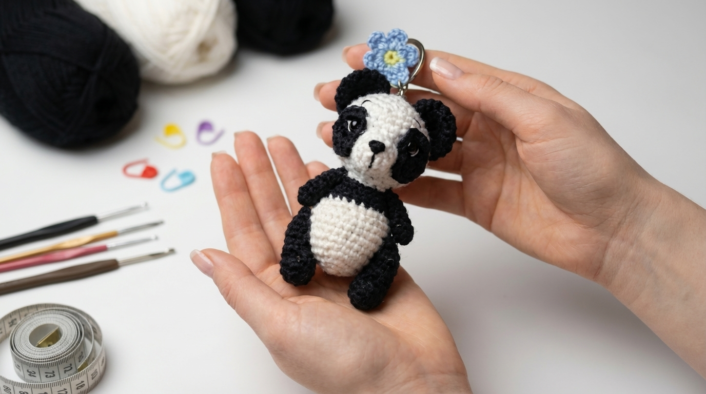 Llavero panda amigurumi de crochet en color blanco y negro, pieza tejida con hilo de algodón, ideal para llaveros o regalos personalizados.