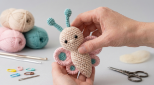 Danna mariposa amigurumi en colores vibrantes y algodón, pieza artesanal de ganchillo para decoración infantil o regalo especial de ternura.