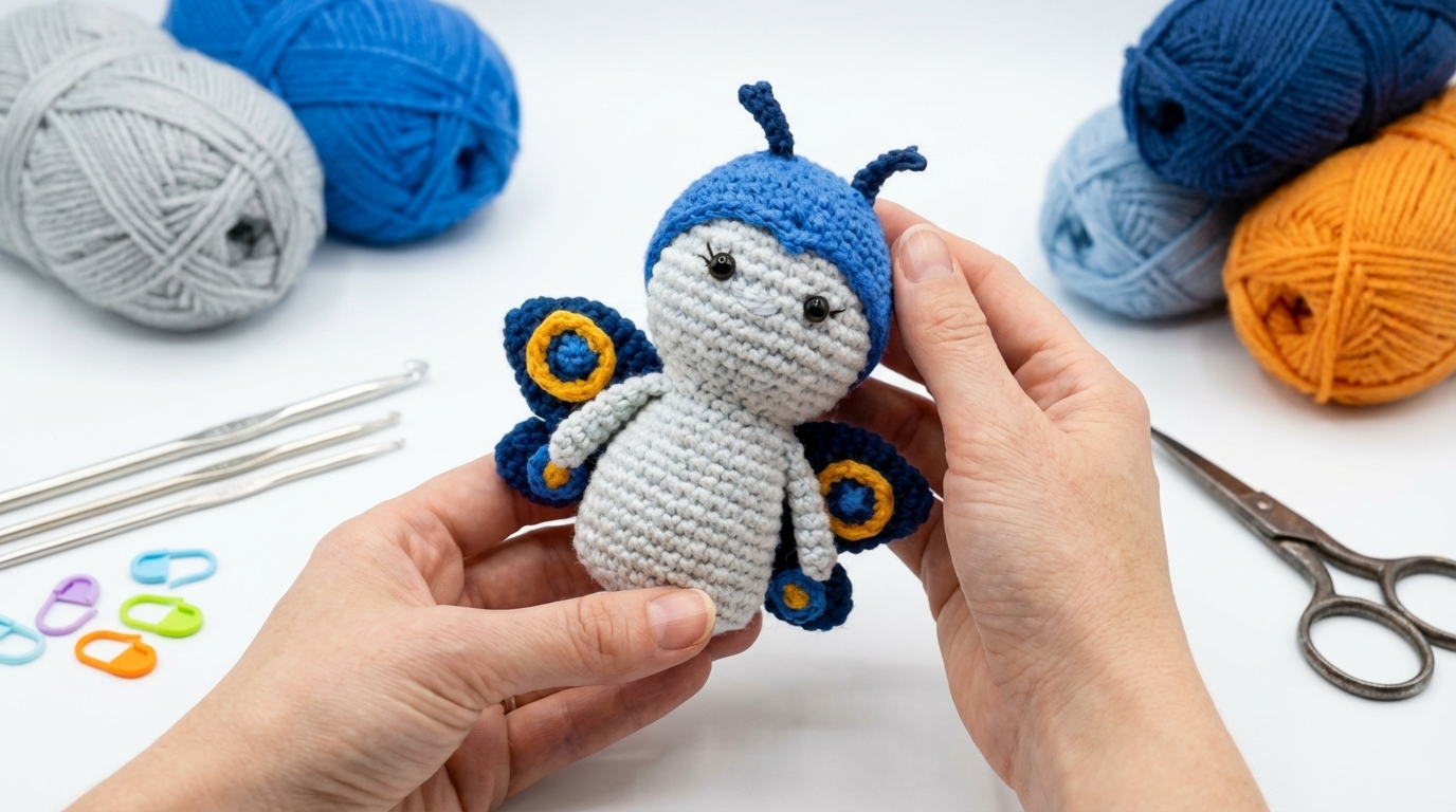 Amigurumi mariposa Willa en algodón azul y amarillo, pieza artesanal de ganchillo ideal para regalo creativo o decoración infantil.