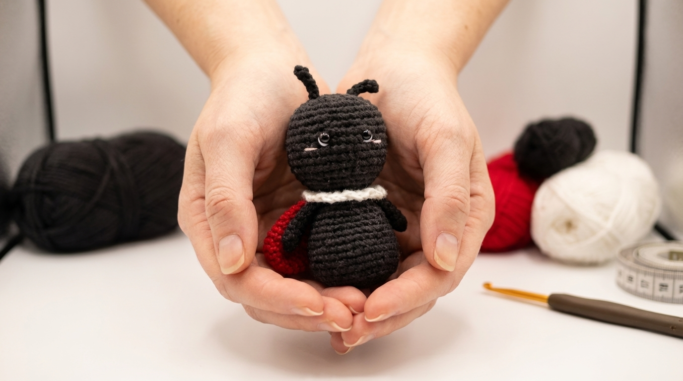 Mariquita amigurumi en colores rojo y negro, pieza de ganchillo artesanal tejida en algodón para decoración infantil de alta calidad.