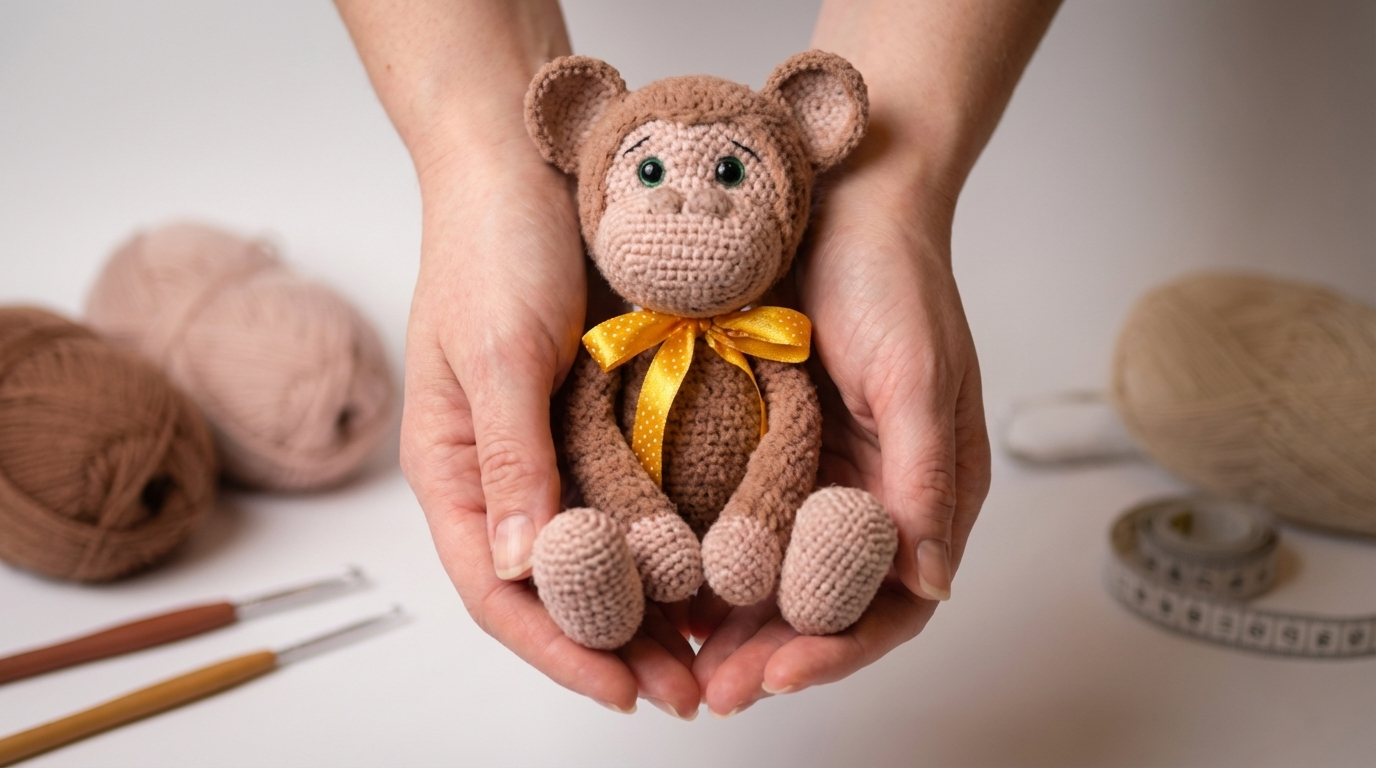 Patrón de monito amigurumi tejido en algodón color beige y contraste, ideal para regalos infantiles hechos a mano.