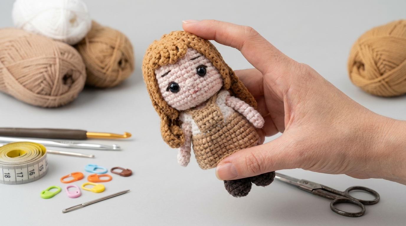 Muñeca Sandy amigurumi en ganchillo, con vestido blanco y cuerpo color piel, ideal para regalo infantil o decoración artesanal.