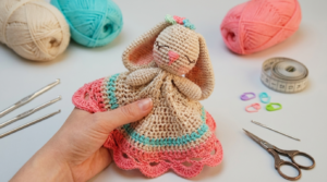 naninha de conejo amigurumi, conejo en algodón color beige con detalles en rosa y azul para bebé, tejido artesanal suave para regalo de cuna