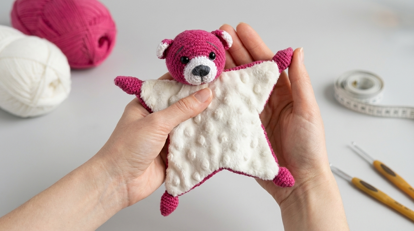 Oso amigurumi con manta de apego, muñeco de ganchillo en tonos pasteles con suave algodón, diseñado para el descanso y juego del bebé.