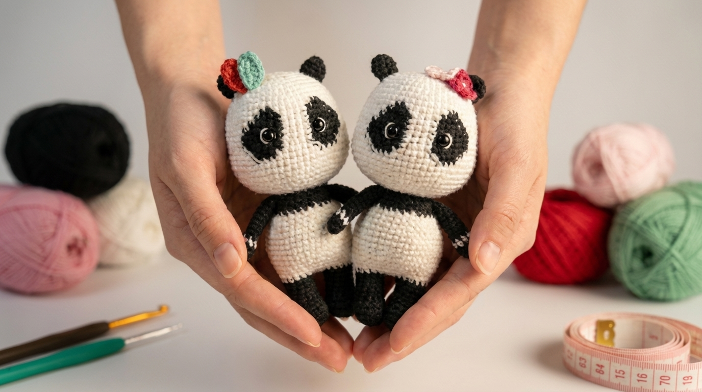 Panda amigurumi, muñeco de ganchillo en color blanco y negro con textura de algodón, ideal para regalo infantil personalizado o decoración artesanal tierna.