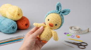 Patrón de Pato de Peluche Amigurumi, un tierno muñeco de ganchillo amarillo con detalles en naranja para decoración infantil artesanal.