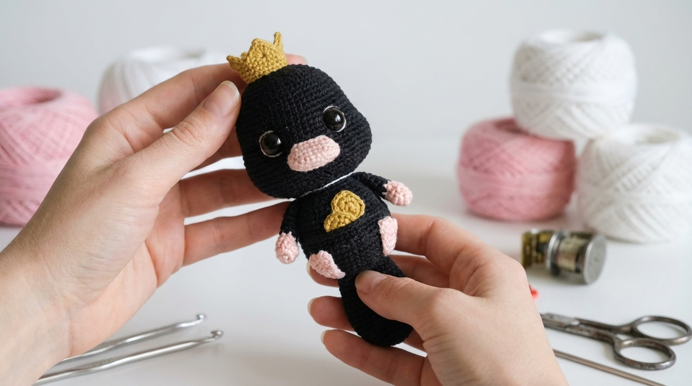 Patrón de Pelúcio amigurumi tejido en hilo de algodón azul marino con texturas suaves y detalles en rosa para accesorios decorativos de ganchillo.