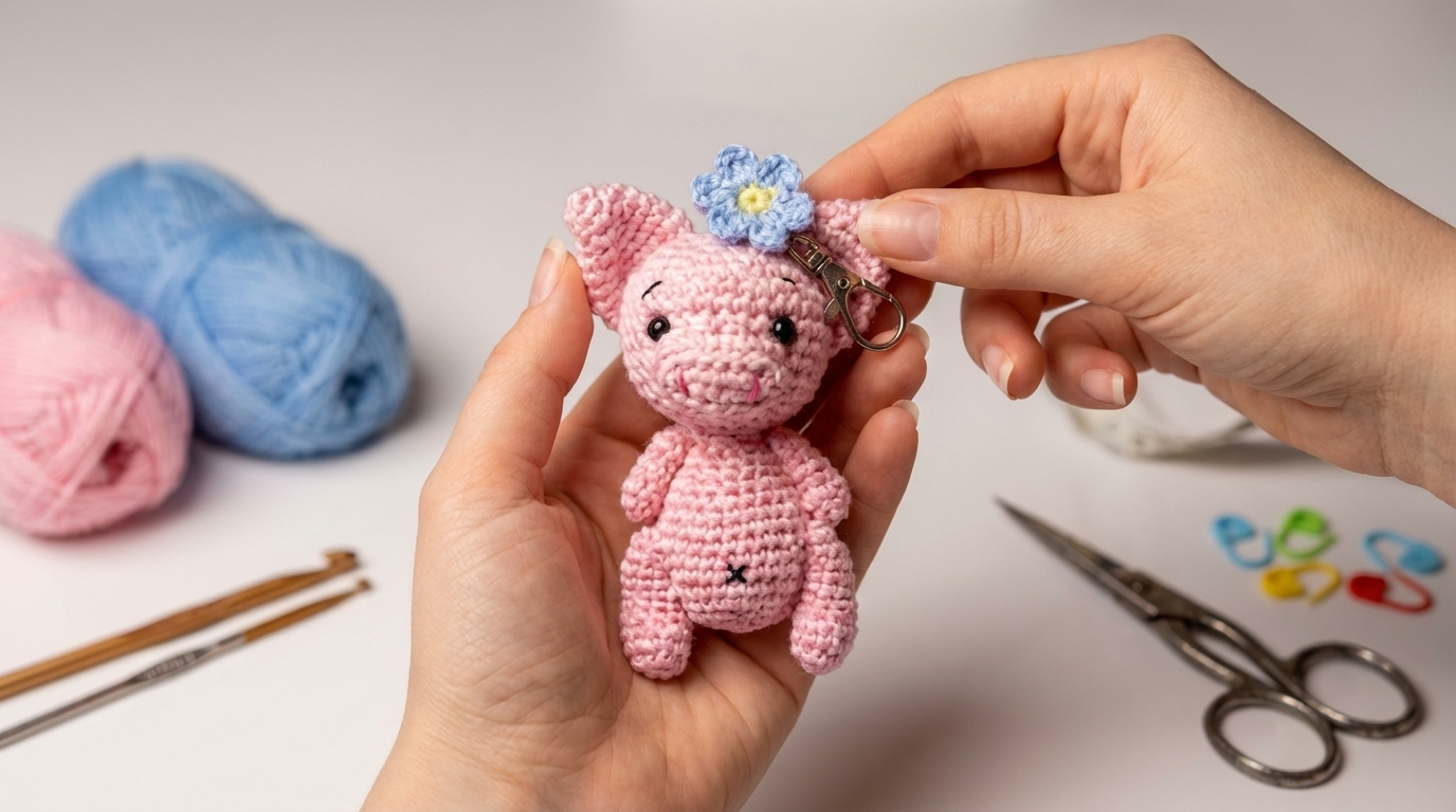 Porquito amigurumi tejido en algodón de color rosado suave, ideal como llavero artesanal para decorar bolsos o regalar a seres queridos.