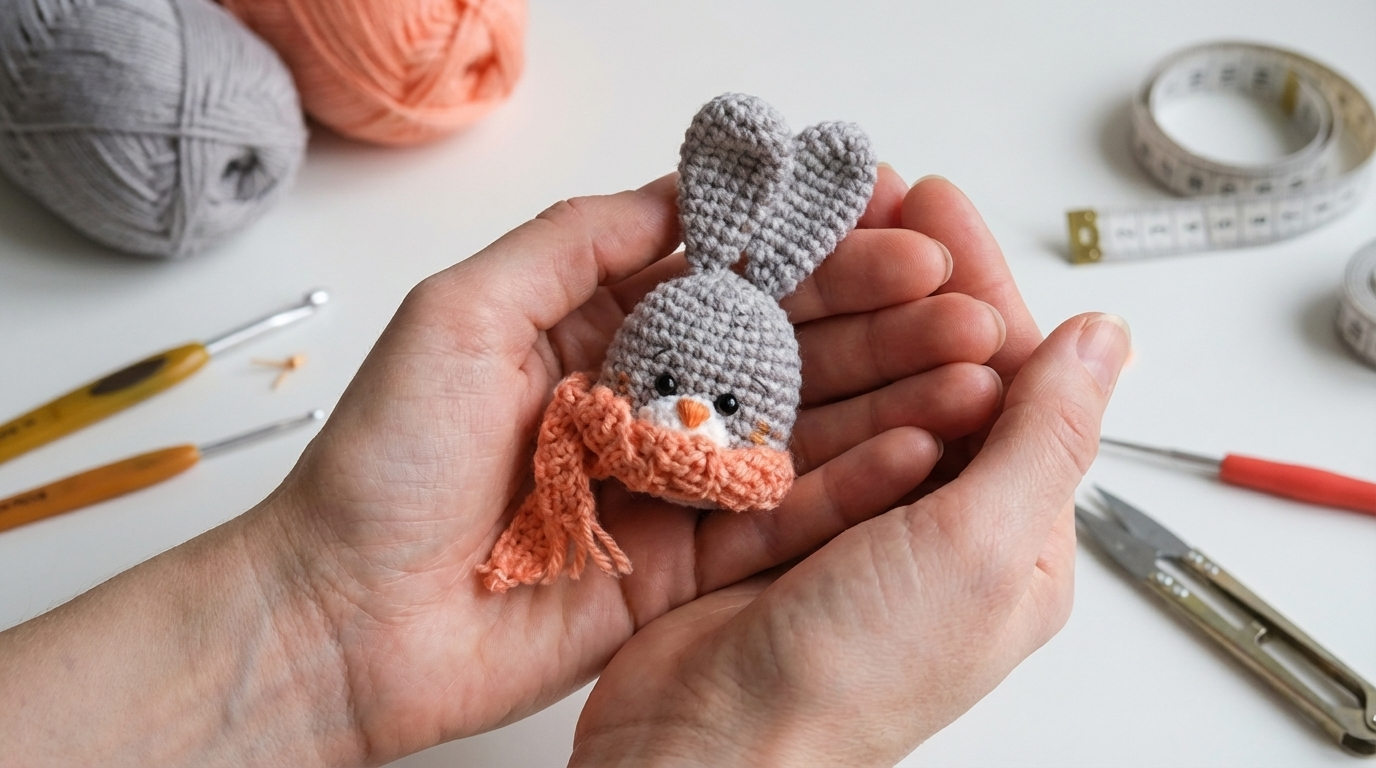 Broche de conejo amigurumi tejido en hilo de algodón suave color pastel, accesorio artesanal decorativo ideal para adornar bolsos y prendas infantiles.