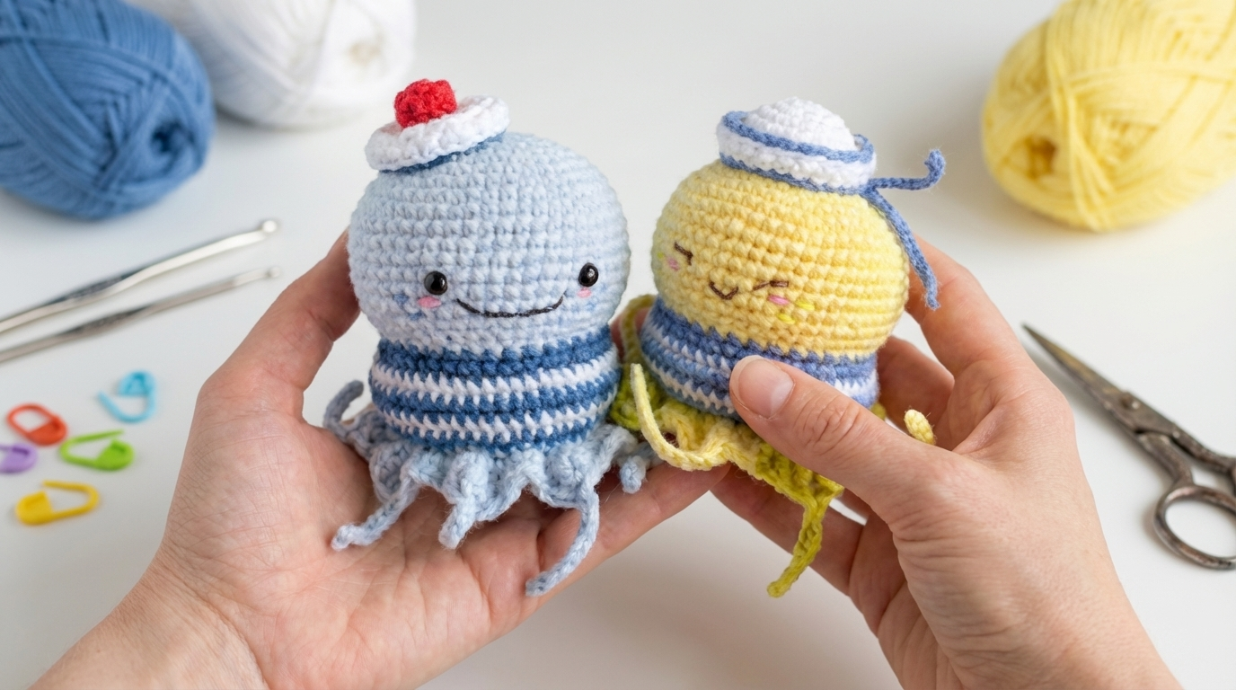Pulpo marinero amigurumi de algodón en tonos lavanda y azul marino, perfecto como regalo infantil hecho a mano.