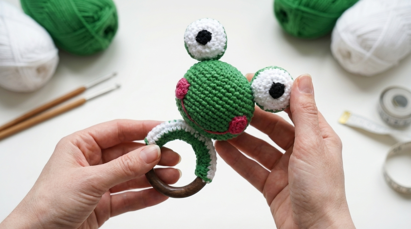 Sapo sonajero amigurumi en color verde vibrante, pieza de ganchillo artesanal montada sobre un aro de madera segura para bebés.