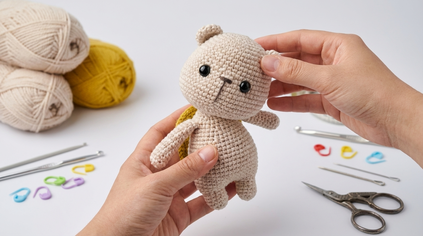 Tortuga oso amigurumi tejida en algodón crema y verde musgo, pieza artesanal de ganchillo ideal para decoración infantil y regalos tiernos.