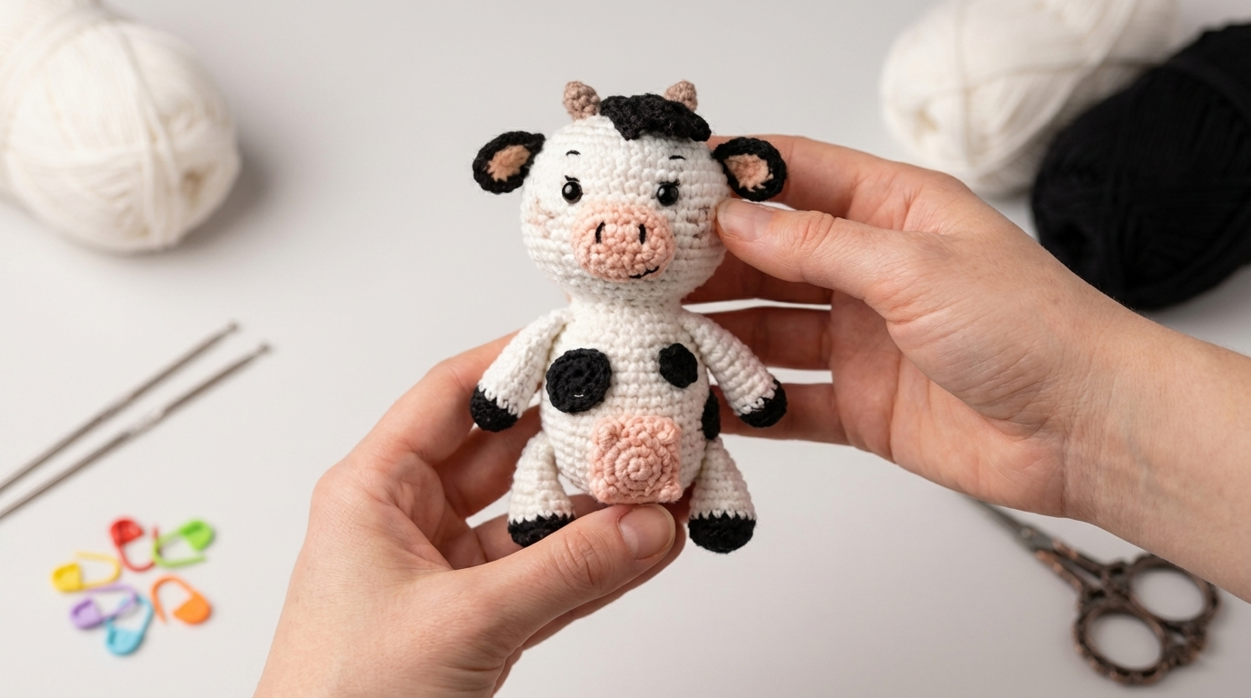 Patrón de Vaca Marlee Amigurumi en hilos de algodón blanco y negro, con detalles rosados, ideal para recrear este tierno proyecto de ganchillo artesanal.
