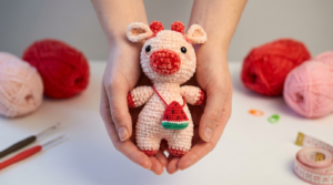 Vaca sandía amigurumi hecha en hilo de algodón rosa y verde, pieza artesanal de ganchillo para decoración infantil creativa y divertida.