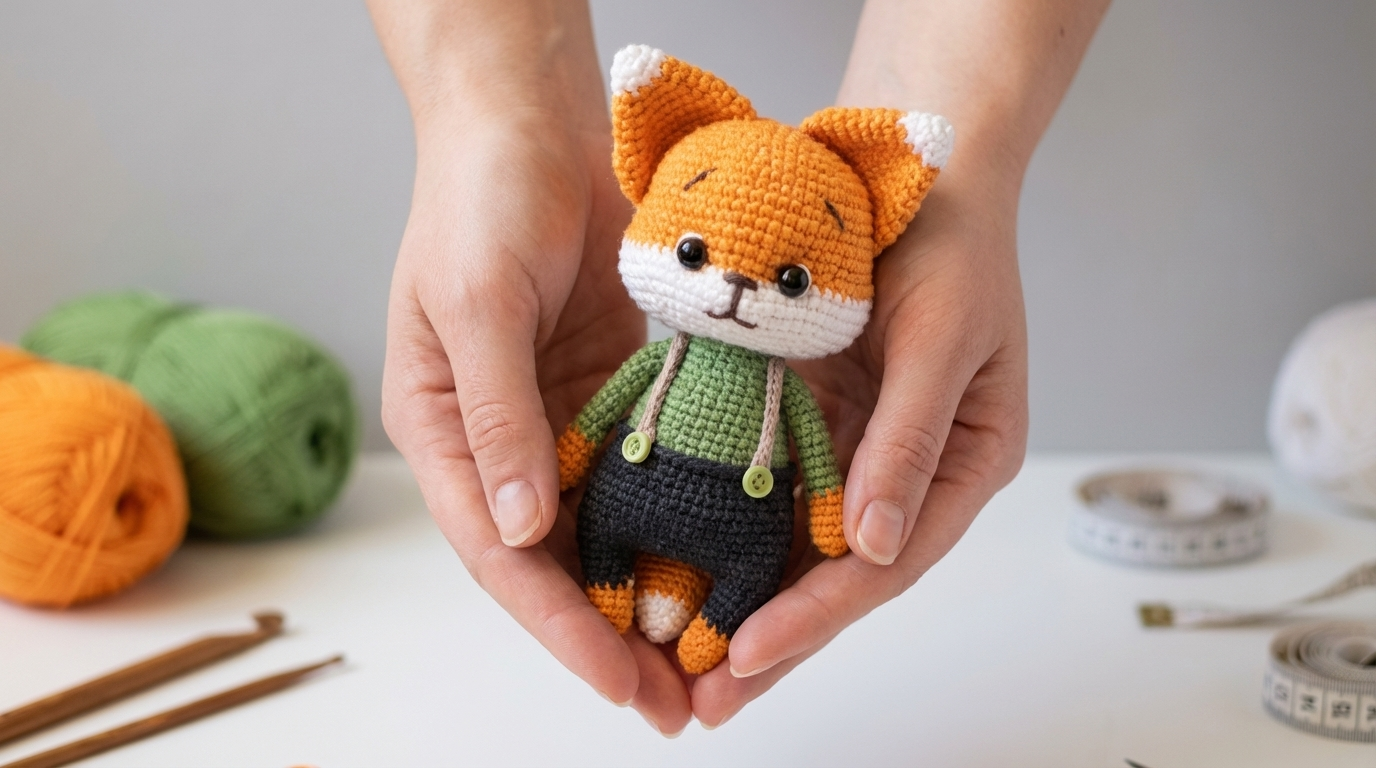 Patrón de Zorro Amigurumi, muñeco de ganchillo en colores naranja y blanco con detalles en negro, para decoración infantil creativa.