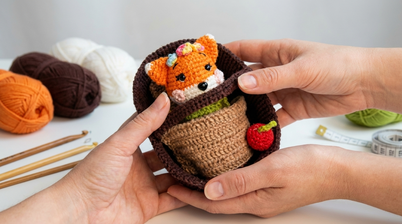 Zorro en cesta amigurumi tejido en hilo de algodón naranja, blanco y marrón, con acabado profesional ideal para decoración de habitaciones infantiles.