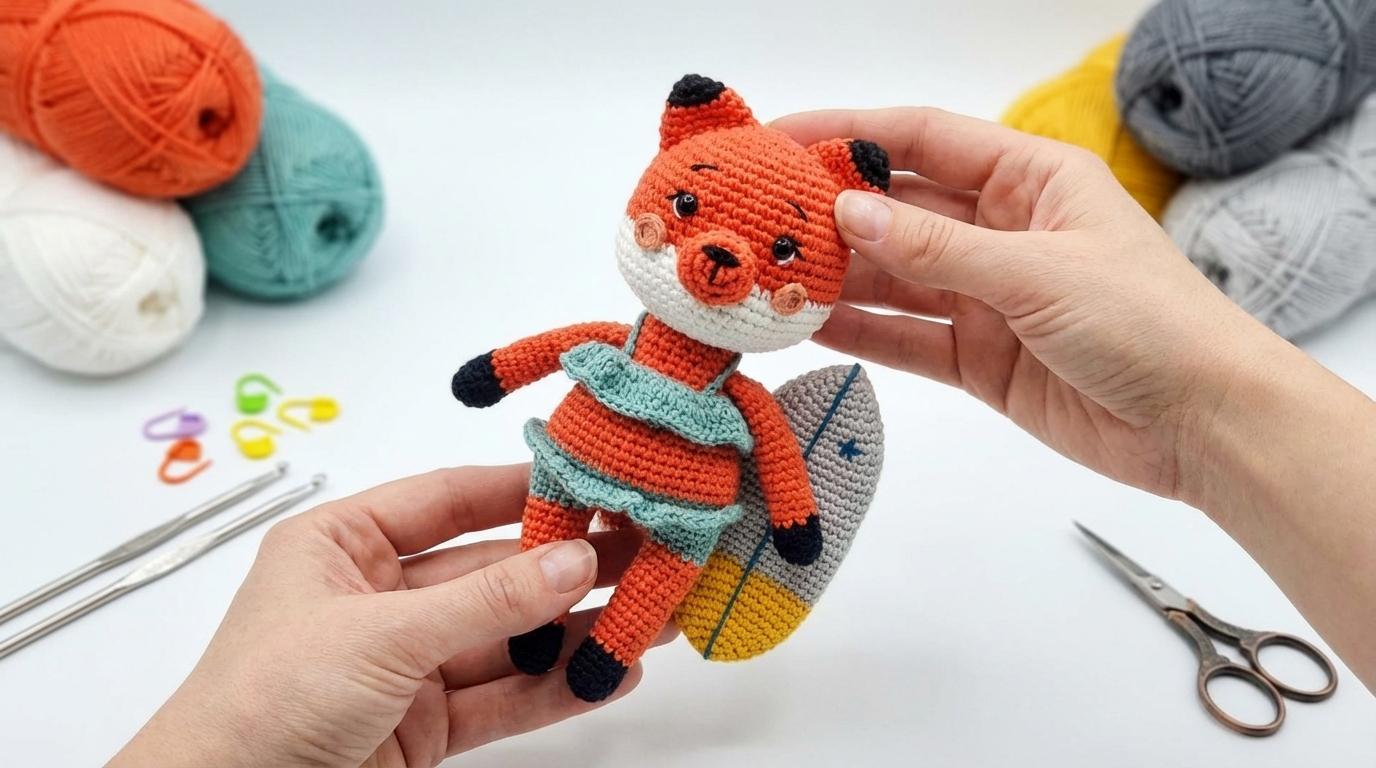 Pau Raposa Amigurumi laranja e preto feito em crochê surfando em prancha para decoração artesanal de ambientes.
