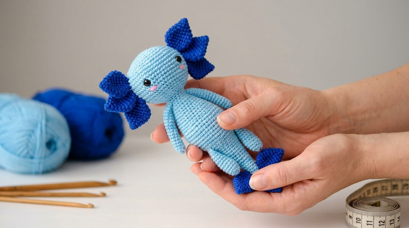 Peixe Axolote amigurumi em tom rosa pastel feito em crochê para decoração lúdica ou presentear com fofura handmade.
