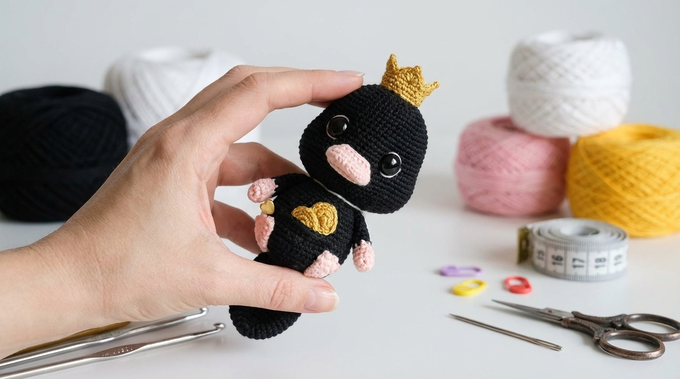 pelúcio amigurumi receita grátis passo a passo, peça de crochê em azul marinho com bico rosa claro para decoração de fãs de bruxos.