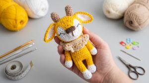 Pequena Cervo Amigurumi em tons de marrom e amarelo crochê para decoração infantil de quarto feita à mão com amor.